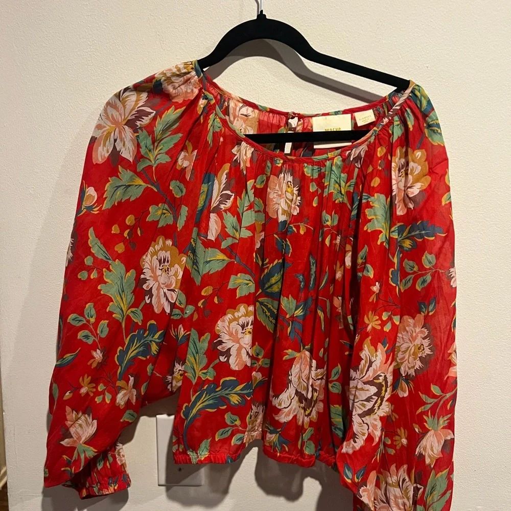 Anthropologie Red Crop Blouse with Relaxed Pleated Style